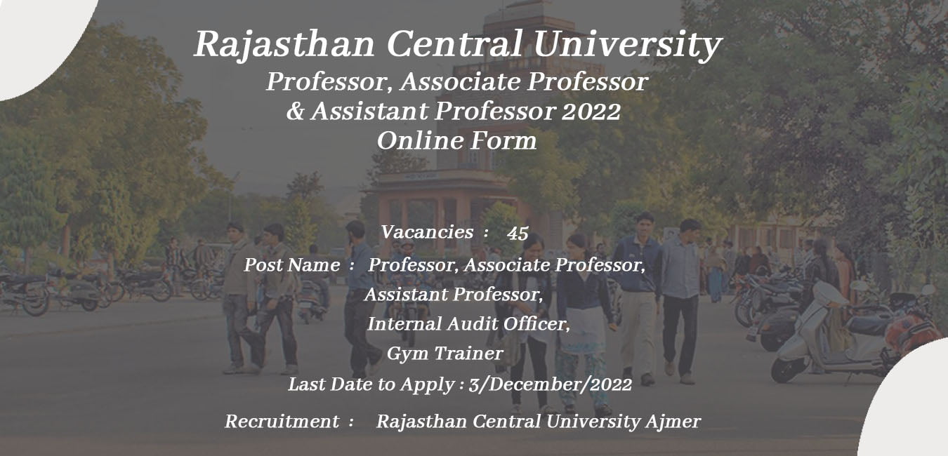 Rajasthan Central University Professor Associate Professor Assistant Professor 2022 Online Form