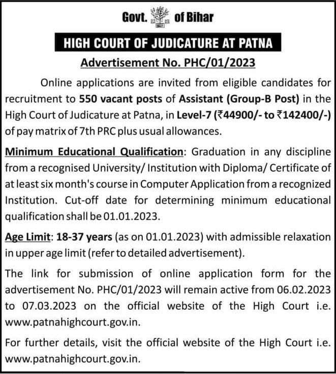 High Court of Judicature at Patna Notification